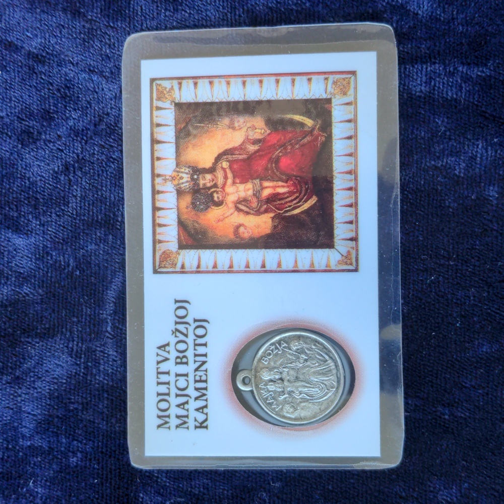 Christian Virgin Mary Prayer card with silver pendant